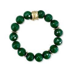 "12mm faceted jade beads in dark forest green with gold accents.  Bracelet made to standard length of about 7 1/4\"  with very strong 1mm stretch band. Band is knotted three times and further secured with a drop of invisible jewelry glue. This level of craftsmanship provides the strongest stretch bracelets you will find.  Ships in a Traci's Beads gift sack. Perfect for gifting or treat yourself!" Invisible Jewelry, Green With Gold Accents, Gift Sack, Stretch Band, Stretch Bands, Dark Forest Green, Jade Bracelet, Jade Beads, Dark Forest