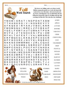 an autumn word search is shown in this printable activity for children to practice their spelling skills