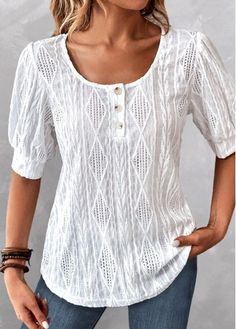 #shortsleeve #roundneck #button #stylish #party #modern #casual #tshirt #blouse #white #modern #stylishblouse #casualblouse Sunday Tops For Women, Short Sleeve Lace Blouse, Round Neck Blouse, Amazing Dresses, Badass Style, Sunday Afternoon, Style Blogger, Summer Style Casual, 2024 Fashion