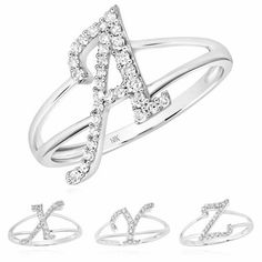 Personalize your style with our 10K white gold alphabet initial diamond rings, crafted with precision and elegance. Each ring has a weight of 1.6 grams and showcases a distinct letter from the alphabet, brought to life with a cluster of natural diamonds weighing a total of 0.16 carats. The diamonds feature I2 clarity and a G-H color, set in a classic prong arrangement to enhance their natural sparkle. The rings are finished with a high polish, giving them a sleek and modern appeal. Ideal as a si Baby Gold Rings, Gold Initial Ring, Diamond Fashion Rings, Natural Diamond Ring, 3rd Party, Sapphire Diamond Ring, Stone Setting, Stone Engagement Rings, Ring Style