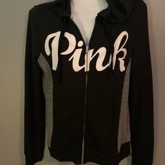 Vs Pink Full Zip Hoodie - Never Worn Size Xs Pink Logo In White On Front With Gray/ White Specked Contrast Coloring Down The Sides - Sharp 2 Front Pockets This Is Not A Heavier Hoodie - It’s Lightweight And Very Soft Material Spring Black Outerwear With Logo Print, Black Outerwear With Logo Print For Spring, Sequin Hoodie, Varsity Sweatshirt, Sequined Sweatshirt, Pink Hoodie Victoria Secret, Pink Victoria Secret, Half Zip Pullover, Pink Logo