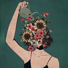 a painting of a woman with flowers in her hair holding a watering can over her head