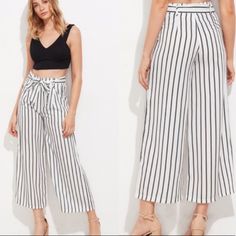 Nwt Zara Trafaluc Casual Boho Wide Leg Pants Sz Xs New With Tags, Size Xsmall Boho Paper Bag Pants Tie At Waist Wide Leg Striped Print High Rise Waist Black & White Front Pockets 100% Polyester 22" Inseam 11" Rise 24" Waist White Zara Pants For Beach, Chic Striped Zara Bottoms, Boho Wide Leg Pants, Paper Bag Pants, Bag Pants, Capri Style, Striped Pant, Zara Jumpsuit, Zara Pants