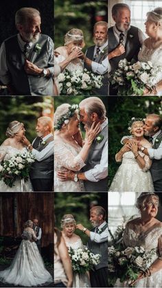 the bride and groom are posing for pictures together