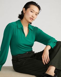 Moore Liquid Jersey Blouse - Lily Pad | Universal Standard Green Relaxed Fit Viscose Tops, Chic Solid Color Blouse With Collared Neckline, Chic Solid Blouse With Collared Neckline, Chic Long Sleeve Top For Workwear With Relaxed Fit, Chic Relaxed Fit Long Sleeve Top For Workwear, Fitted Collared Viscose Top, Fitted Viscose Collared Tops, Long Sleeve Fitted Blouse For Work, Green Long Sleeve Viscose Top