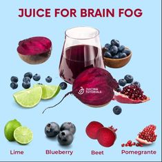 there are many different fruits and vegetables with the words juice for brain fog