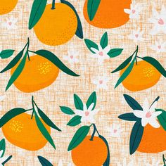 an orange pattern with white flowers and green leaves on a tan background that looks like fabric