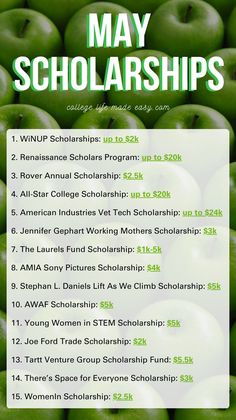 an image of many green apples with the words may scholarshipss on them in white