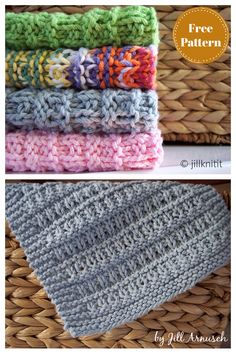 crocheted dishcloths are stacked on top of each other in different colors