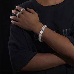 Set the tone for your night out with the Ice Dazzle "Baguette Cuban Link" bracelet. Available in multiple sizes, the Cuban link chain is a classic design, but we're bringing it back with an extra touch of shine and dazzle with our crystal fusion iced Cuban links and White Gold plated finish. Baguette Bracelet, Cuban Link Bracelet, Cuban Bracelet, Traditional Diamond, Rock Jewelry, Bracelet For Men, Cuban Link Chain, Cuban Link, Baguette Diamond