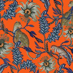 an orange background with blue flowers and leopards on the same pattern as they appear in this image