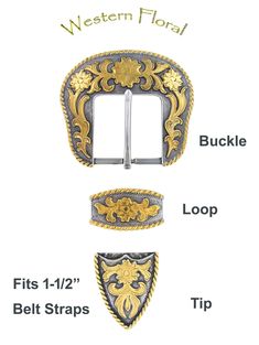 the western floral buckle is shown with its belt straps and tip tips, along with instructions for how to fit it