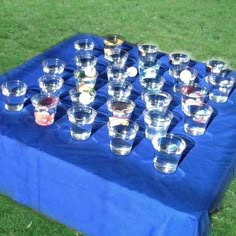 a blue table topped with lots of glasses on top of a grass covered park area