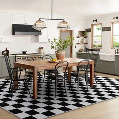 a black and white checkered rug in a kitchen with an island table surrounded by chairs