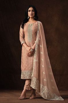 Salmon Pink Designer Embroidered Net Wedding Pant Suit | Saira's Boutique Peach Indian Suit, Heavy Suit Design, Heavy Suits Indian Party Wear, Wedding Pant Suit, Embroidery Outfits, Nails Creative, Silk Pant Suit, Peach Color Dress, Wedding Peach