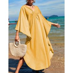 Yellow Front Woven Bat Sleeve Beachwear Kimono Chic Solid Color Cover-up For Vacation, Chic Solid Color Vacation Cover-up, Bohemian Solid Color Summer Cover-up, Solid Cover-up For Spring Beach Party, Solid Color Cover-up For Spring Beach Party, Summer Cover-up For Day Out, Casual V-neck Cover-up For Day Out, Spring Beach Party Solid Color Cover-up, Casual Solid Color Cover-up For Vacation