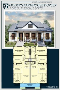 the modern farmhouse house is shown in this floor plan