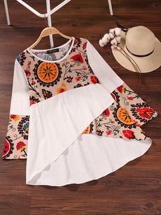 O-NEWE Vintage Printed Patchwork Irregular Blouse For Women - Newchic Mobile Projek Menjahit, Comfortable Blouses, Kids Dress Wear, Baby Dress Design, Kids Gown, Kids Fashion Dress, Kids Designer Dresses