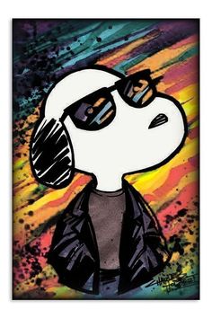 a painting of a person with sunglasses on it's head and wearing a black jacket