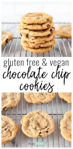 gluten free and vegan chocolate chip cookies on a cooling rack with text overlay