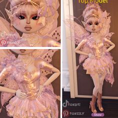 the doll is wearing a pink dress with gold trimmings on it's wings