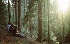 three people are sitting on the ground in the woods with their backs to each other