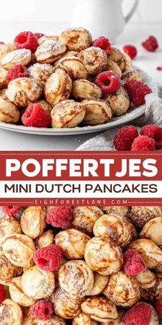 mini dutch pancakes with raspberries and powdered sugar in the middle on a white plate