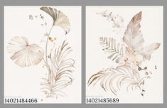 two paintings with flowers and leaves on them, one is white and the other is gold