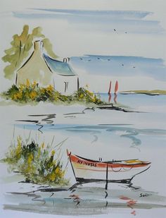 a watercolor painting of a boat on the shore with a house in the background