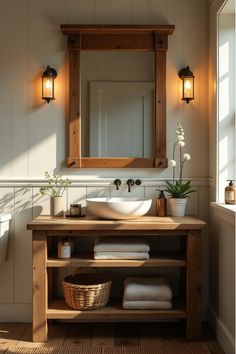 Rustic farmhouse bathroom with distressed wood vanity and barn door mirror Old Style Bathroom Vanity, Open Sink Vanity, Stand Up Sink Bathroom Ideas, Wood Vanity Vessel Sink, Small Bathroom Ideas Wood Vanity, Floating Sink In Bathroom, Open Cabinet Bathroom Vanity, Half Bathroom Modern Farmhouse