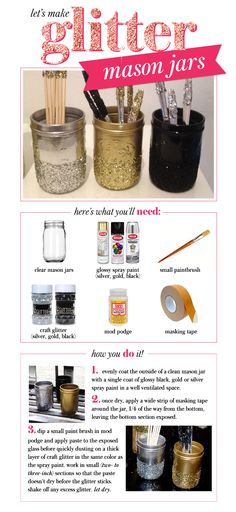 an advertisement for glitter mason jars on a table with other items in the jar and text that reads, let's make glitter mason jars