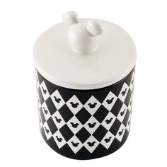 a black and white ceramic container with mickey mouse design