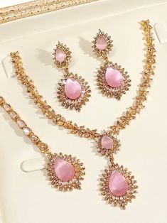 Necklace  Earrings  Tikka Pink Round Jewelry Sets For Diwali, Pink Jewelry For Formal Festive Occasions, Pink Formal Jewelry For Festive Occasions, Pink Jewelry Sets With Matching Round Earrings, Pink Jewelry Sets With Matching Earrings, Traditional Pink Jewelry For Formal Occasions, Elegant Pink Jewelry Sets For Diwali, Pink Stone Work Bridal Earrings For Wedding, Pink Necklaces With Matching Earrings For Wedding