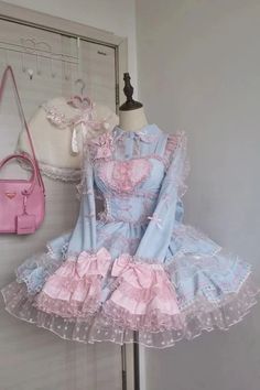 Blue/Pink Pray Multi-Layered Ruffle Lace Sweet Princess Lolita Jsk Dr – LolitaInside Candy Theme Dress, Cute Dresses Pink, Aesthetic Pink Clothes, Fairy Core Clothes, Blue Pink Aesthetic, Cozy Fall Outfits Aesthetic, Pink And Blue Outfit, Dessert Dress, Pink And Blue Aesthetic