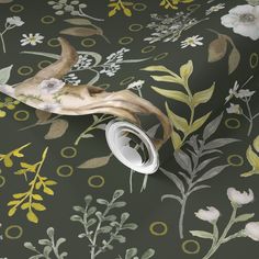 a wallpaper with flowers and leaves on the background is shown in grey, yellow and white