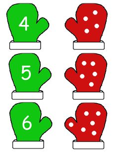 three green and red mitts with numbers on them, including the number one to two