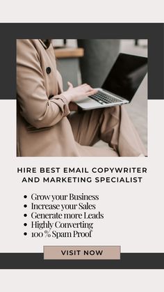 a woman sitting in front of a laptop computer with the words hire best email copywriter and marketing specialist