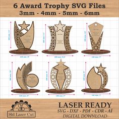 the lasered trophy trophies are shown with measurements