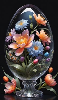 a glass vase filled with flowers on top of a black table next to an egg