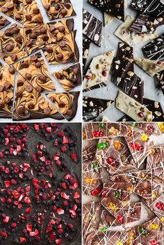 four different types of desserts are shown in three separate pictures, one is chocolate and the other has candy