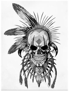 a drawing of a skull with feathers on it's head