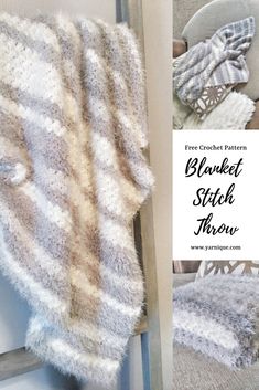 a blanket sitting on top of a chair next to a ladder with the words blacked stitch throw