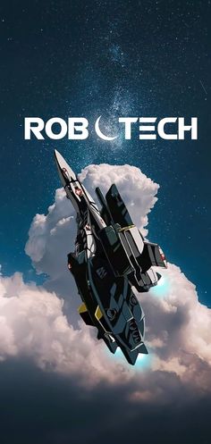 a futuristic fighter jet flying through the sky with stars in the background and text rob & tech above it