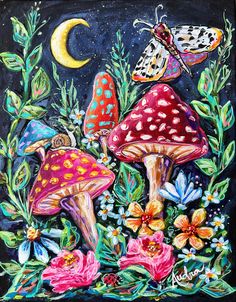 an acrylic painting of mushrooms and butterflies on a night sky background with flowers