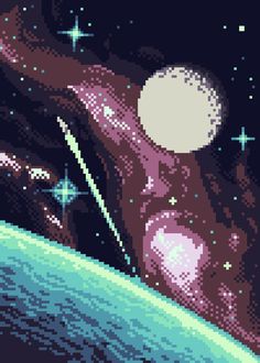 an old pixel art space scene with stars and planets