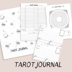 three tarot journal pages with the text tarot journal written in black and white