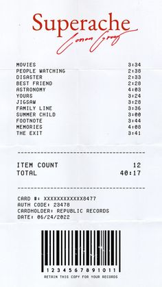 a receipt with the name and number of each item in red on white paper that reads, superache gaming