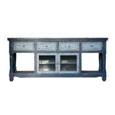 an old blue painted sideboard with glass doors and drawers on the bottom, isolated against a white background