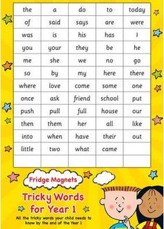 the tricky words for year 1 worksheet is shown with two children talking to each other