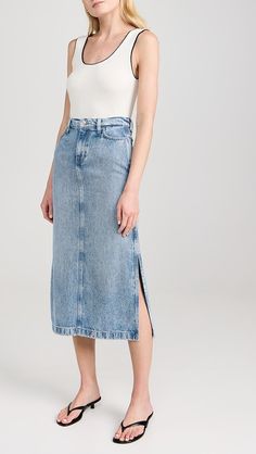 7 For All Mankind Midi Denim Skirt | Shopbop Denim Jeans With Zipper Closure For Work, Workwear Jeans With Zipper Closure, Workwear Denim Jeans, Spring Denim Bottoms With Side Slits, Midi Denim Skirt, Midi Denim, Denim Midi Skirt, Leather Logo, Tunisia